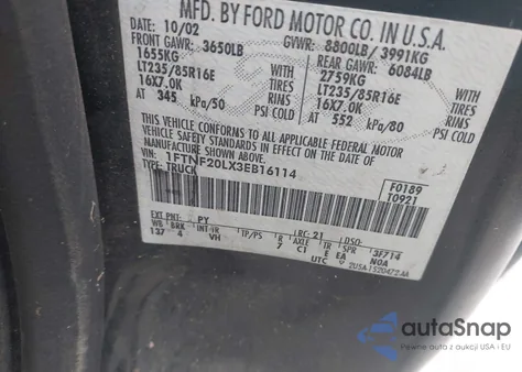 2003 Ford F-250 Xl/Xlt из США, поврежденный, VIN 1FTNF20LX3EB16114